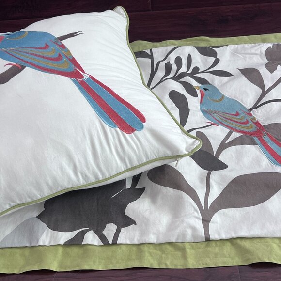 Embroidered Accent Pillow 15" Square & Standard‎ Sham Set Colorful Bird Design - Picture 1 of 12